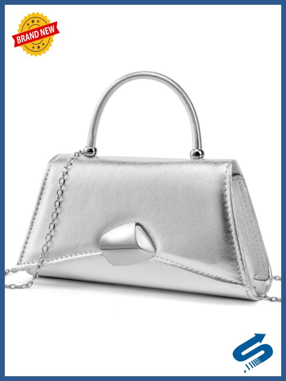 PU Leather Evening Clutch Purse with Handle & Chain, Trapezoid Formal Party Bag